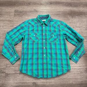 Anchor Blue Shirt Mens Large Blue Plaid Button Up Longe Sleeve Western Cowboy